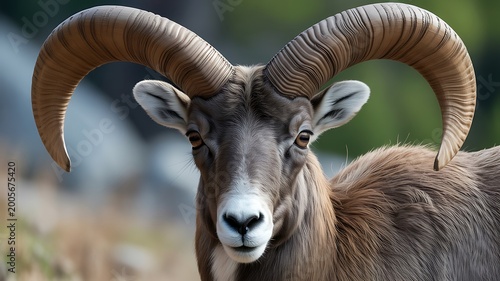 A dynamic wildlife photograph of a large horned bighorn sheep standing outdoors