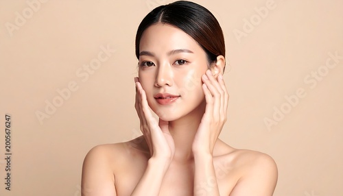 Young woman with glowing skin, elegant pose, light background