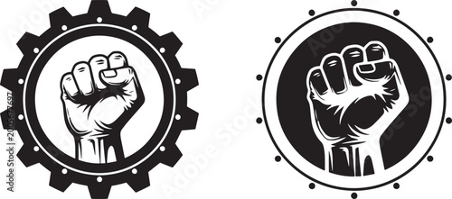 Vintage style emblems raised fist within circular gear and oval frames