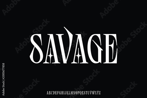 Strong decorative serif alphabet display font vector illustration. Powerful savage typeface