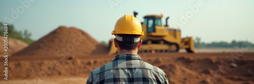 Construction worker observing bulldozer at dirt site with safety helmet. Construction worker attentively watches heavy machinery operating among dirt piles, focused on site management and progress.