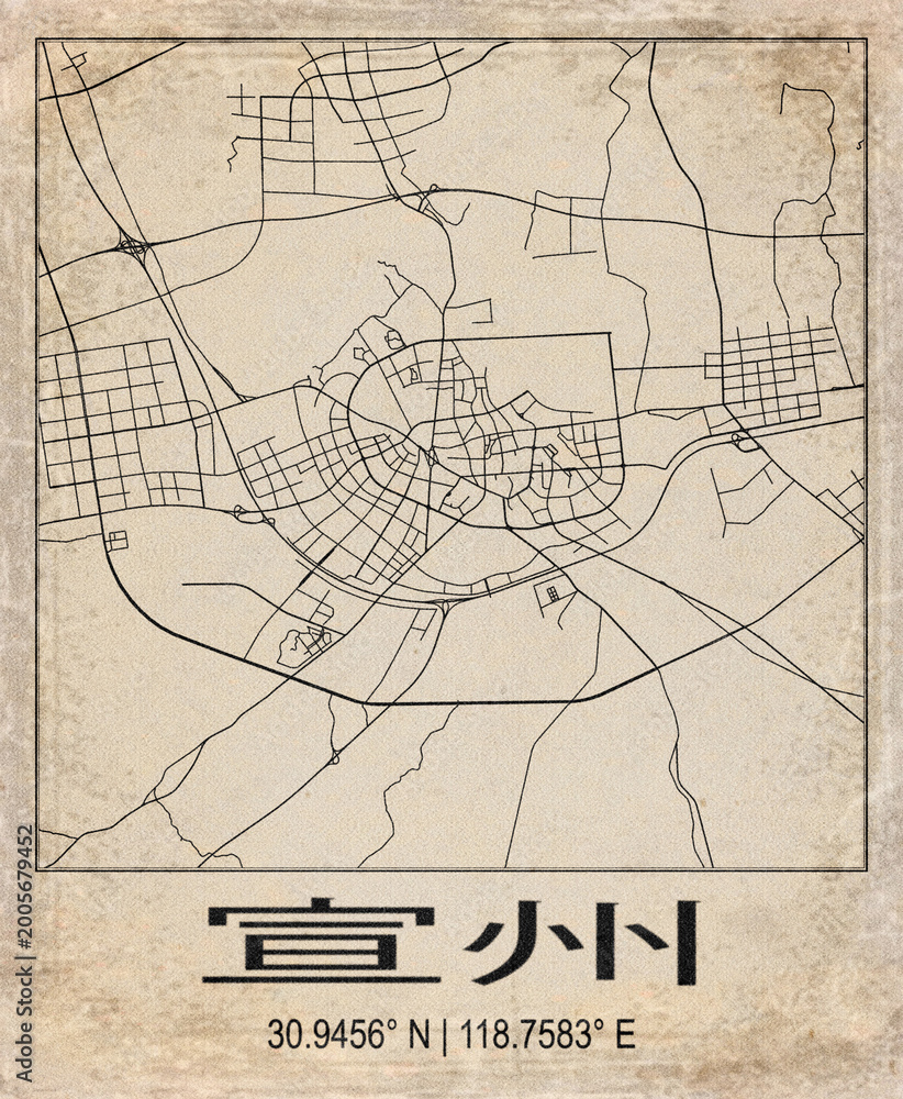 Fototapeta premium Xuanzhou China Retro Minimalist City Map Poster