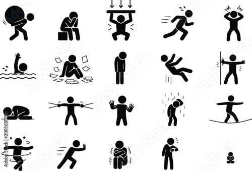 Stress Pressure and Burnout Body Language Poses Showing Overwhelm Anxiety and Mental Load in Minimal Flat Style Illustration
