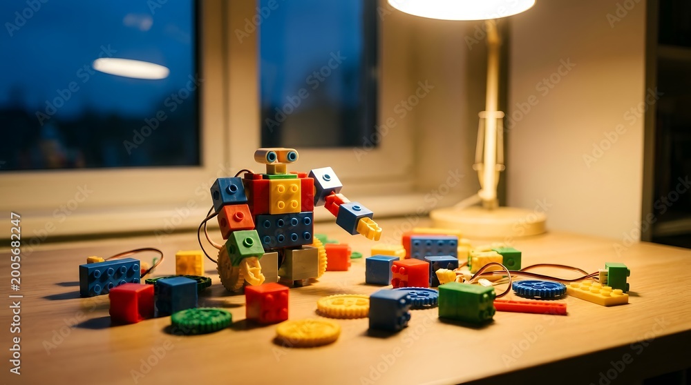 Fototapeta premium Colorful Block Robot Surrounded by Bricks on Wooden Desk