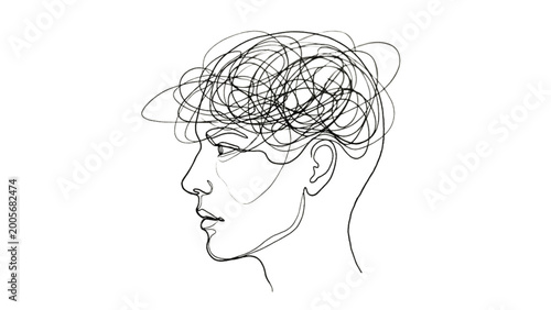 Schilderij op canvas Continuous One Line Head Blur – Brain Fog & Lack of Focus Abstract Line Art Conc