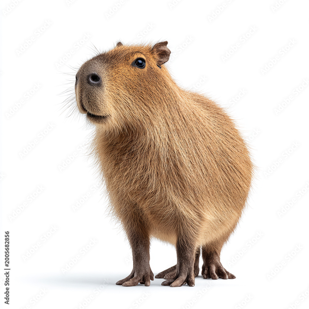 Fototapeta premium A photorealistic capybara against a clean white background. High-key studio lighting highlights its textured brown fur and gentle expression in a minimalist, front-facing portrait.