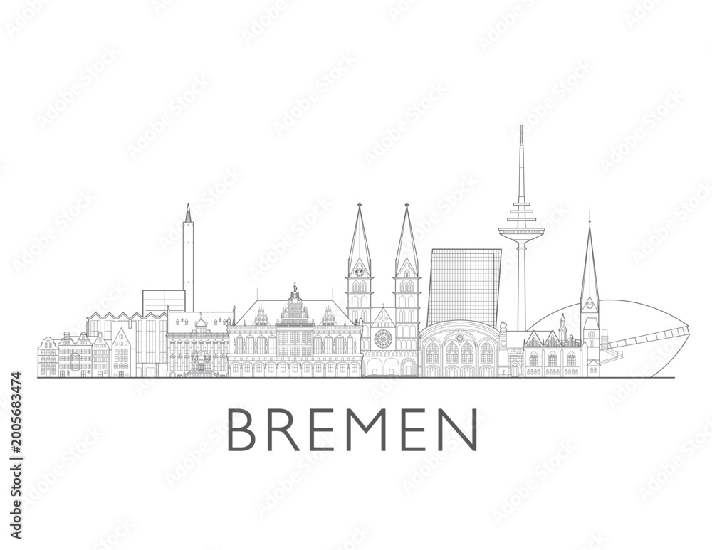 Fototapeta premium Bremen skyline, Germany. Urban cityscape with landmarks and monuments. Hand drawn line art digital skyline illustration in black and white.