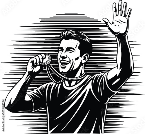 Soccer striker running and kicking the ball, dynamic vintage woodcut illustration