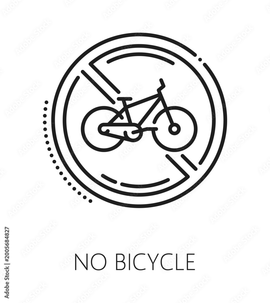 Fototapeta premium Urban cycling restriction, bicycle service icon or symbol. City cycling road rules thin line icon, public pedal transport service linear vector pictogram or symbol with bicycle prohibition road sign