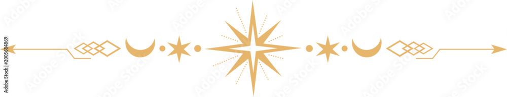Fototapeta premium Magic celestial border with moon and stars. Line ornament with astrology symbols and tarot vintage pattern. Esoteric separator element.