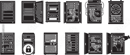 Data center server rack icons and network storage equipment silhouettes collection for information technology on transparent background.
