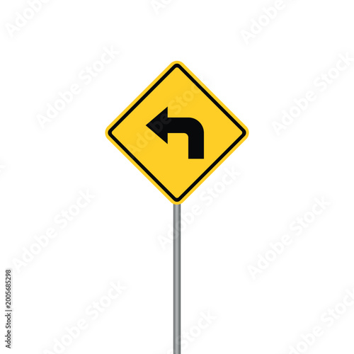 Free Download Yellow and black sharp left turn warning road sign vector design on white background - GFXLoad