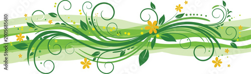 Abstract green spring nature background featuring floral leaf vector patterns and wavy ornaments with copy space for a summer garden illustration design