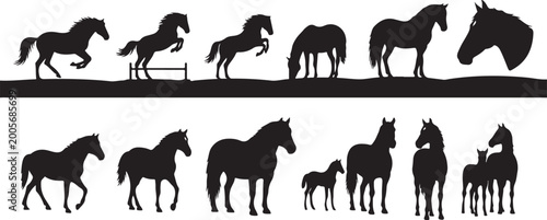 Set of black horse silhouettes in different poses for farm animal vector art graphic collection suitable for ranch branding designs.