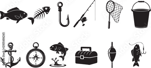 Fishing equipment and marine gear vector icons featuring rods hooks nets buckets anchors compass lures tackle box symbols.