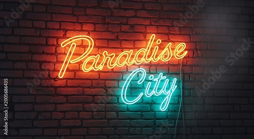 neon sign on brick wall paradise.