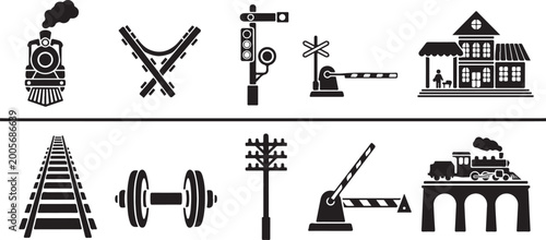 Train and railway elements icons set vector illustrations steam locomotive tracks signal station barrier for transportation theme.