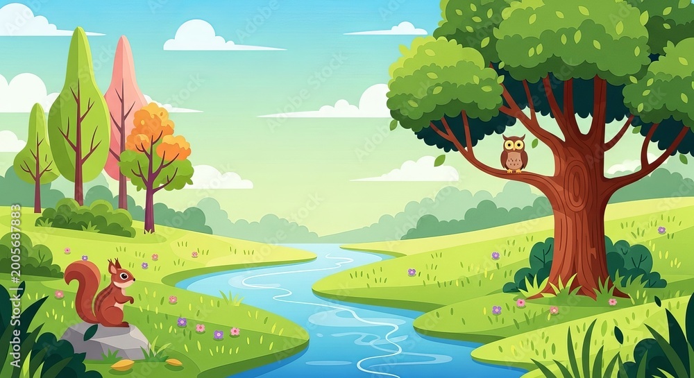 Fototapeta premium Colorful nature landscape with river trees squirrel and owl in daylight