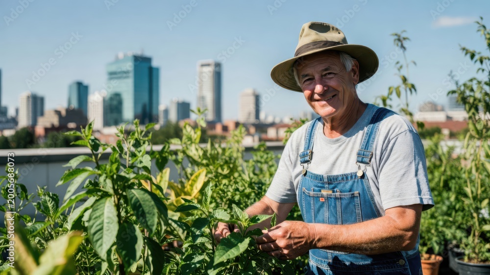 Obraz premium An older man actively tending an urban rooftop garden with a city skyline backdrop. Ideal for promoting sustainable living, community agriculture, and green city initiatives.