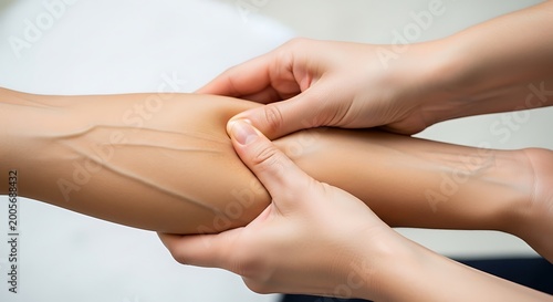 Professional therapist performs therapeutic massage on a client forearm muscle