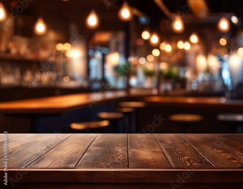 dark wooden table with a blurred background of a restaurant or bar interior