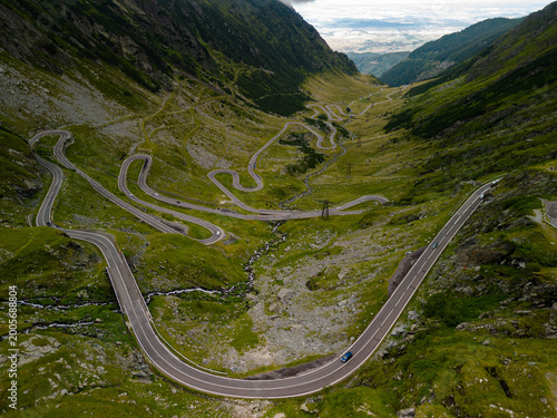 Schilderij op canvas Aerial drone view of the famous Transfagarasan highway in the Fagaras Mountains, Romania