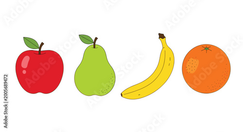 Four distinct fresh fruits including a glossy red apple a ripe green pear a curved yellow banana and a bright round orange are isolated on a plain white studio background.
