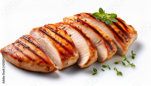 grilled sliced chicken breast on white background