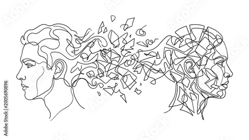 Fotografía Fragmented Thinking Continuous Line Head Abstract Cognitive Disruption Illustrat