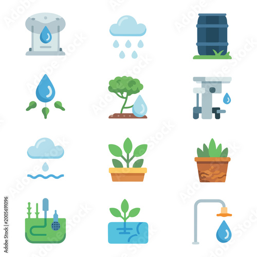 Bild auf Leinwand Garden irrigation and smart watering system flat vector icons set