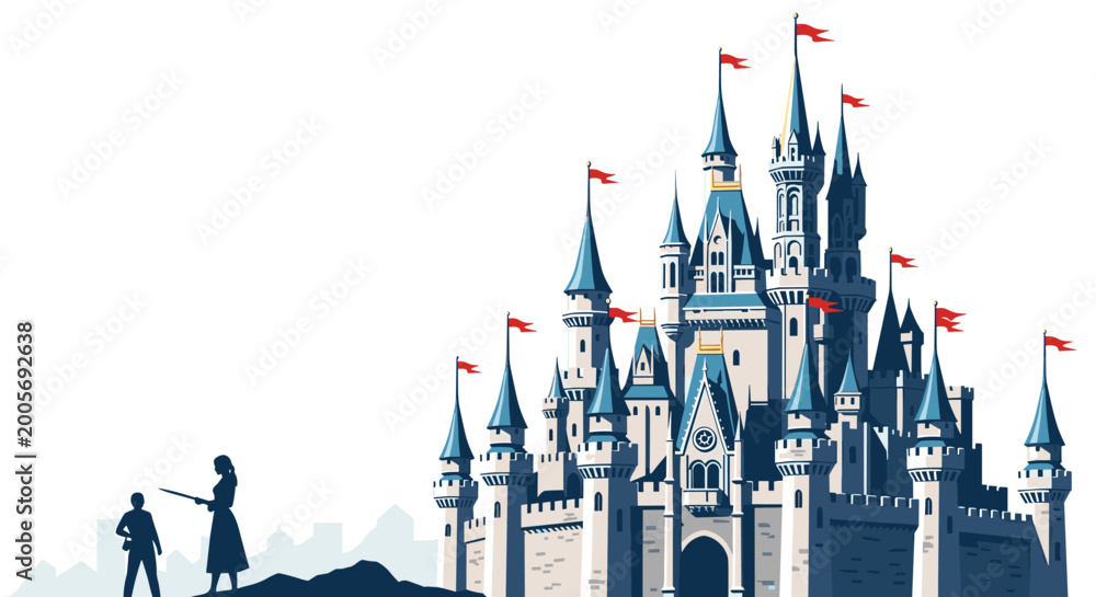 Fototapeta premium Stylized illustration of a large fairytale castle with many towers and red flags being viewed by two small silhouetted figures.