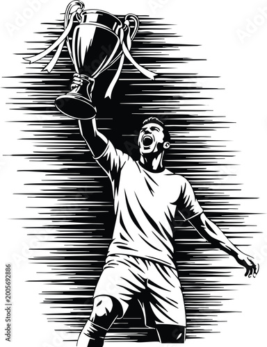 Soccer striker running and kicking the ball, dynamic vintage woodcut illustration