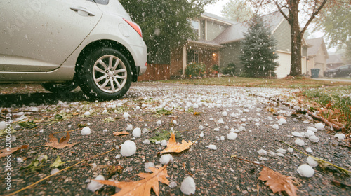 Hail falling on a compact silver hatchback car in driveway, suburban home. hailstorm debris, low angle, hail stones, leaves on the ground, hail-damaged roof, car weather, insurance claim concept, PDR