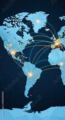 A world map with lines connecting various locations across the globe on a dark background with a whi