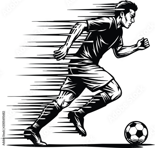 Soccer striker running and kicking the ball, dynamic vintage woodcut illustration