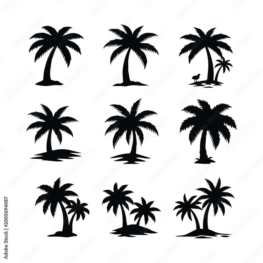 Fototapeta premium Collection of black palm tree silhouettes isolated on white surface