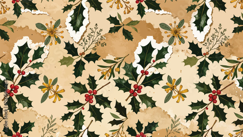 Seamless vintage christmas pattern with holly berries green leaves and distressed paper textures.