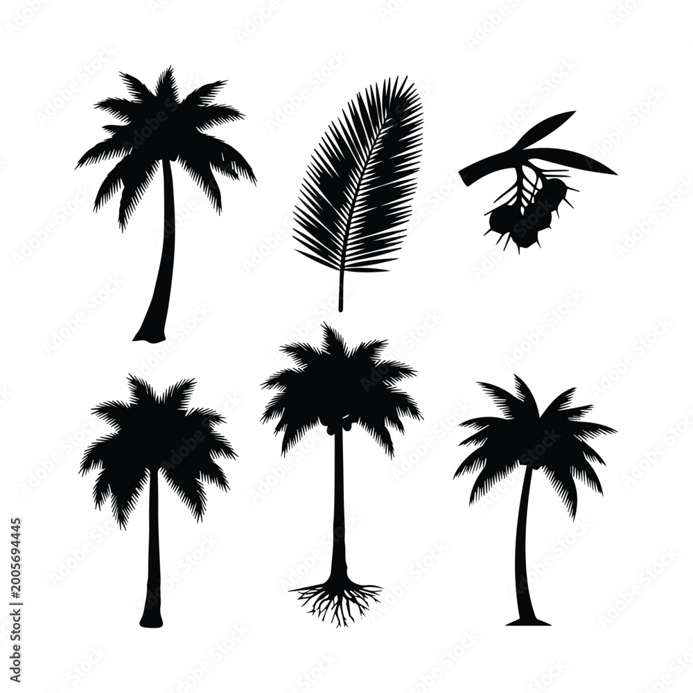 Naklejka premium Set of black palm tree silhouettes isolated on white background art