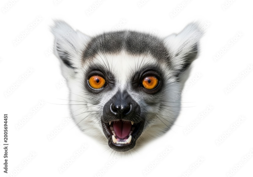Fototapeta premium Lemur Face Close Up with Surprised Expression Isolated on White