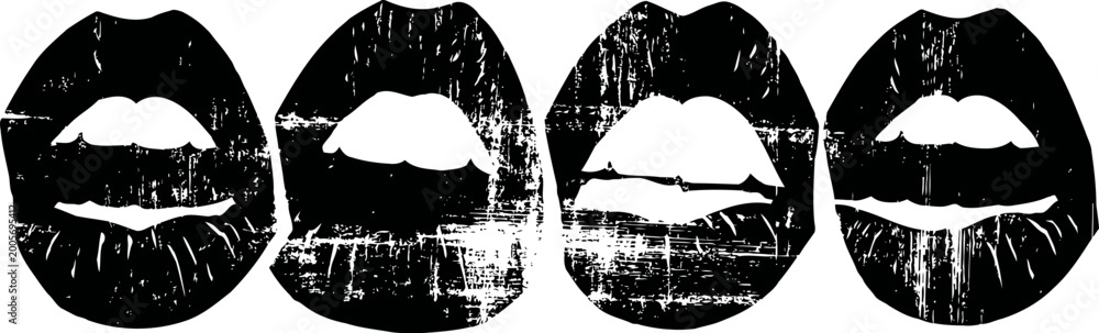 Obraz premium four black lips prints in a row with different textures and wear levels on white background
