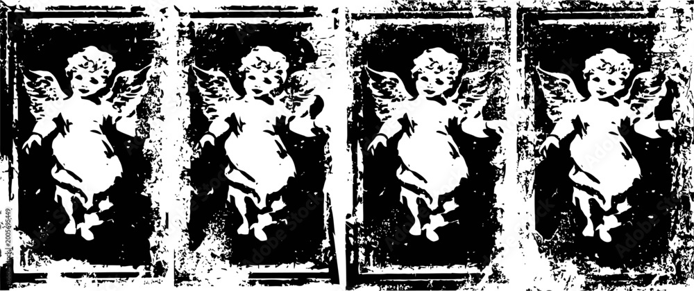 Fototapeta premium vintage cherub angel illustrations with wings in distressed black and white texture artwork