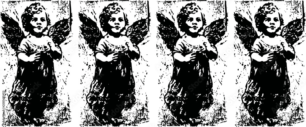 Obraz premium Vintage angel statue with wings and folded hands, monochrome antique religious sculpture