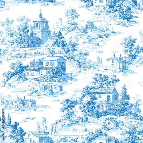Vector Seamless Pattern 10 Blue Toile de Jouy French Village Landscape, Vintage Countryside Design