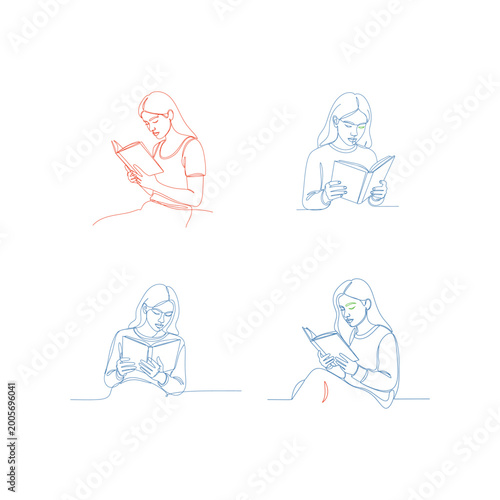 Women Reading Book Line Art Set – Learning, Education and Relaxation Lifestyle Vector Illustration Collection
