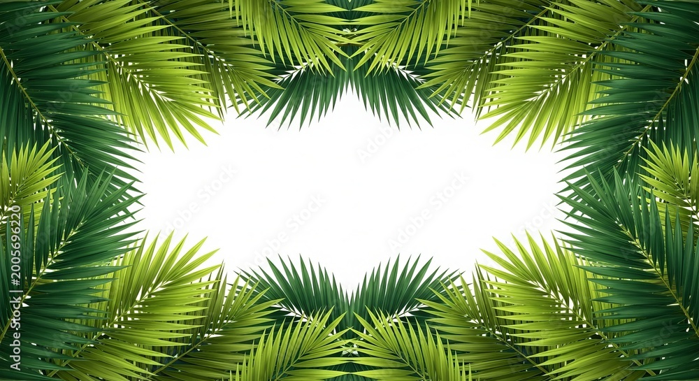 Fototapeta premium Tropical palm leaves forming a natural green frame with empty center space