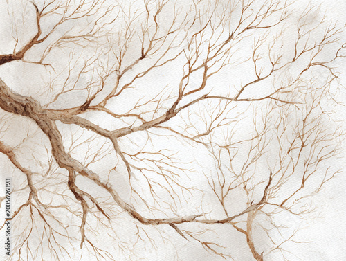 Delicate tree branches with leaves in sepia tones are set against an antique textured paper background. This minimalist artwork features a vintage aesthetic with soft lighting and subtle colors.