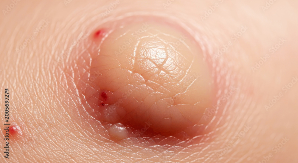 Fototapeta premium Close up of a large blister with small red spots on human skin bubble fluid