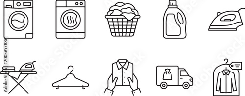 Set of laundry service and clothing care thin line icons showing washing machines basket detergent steam iron ironing board clothes hanger shirt delivery and dry cleaning symbols Vector