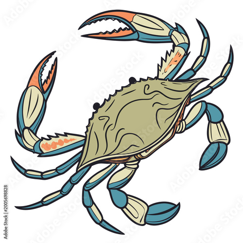 Colorful cartoon crab with blue and orange claws and legs