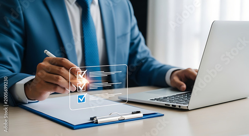 Business professional checking off tasks on a clipboard with a laptop nearby, symbolizing efficiency and productivity in modern work environments